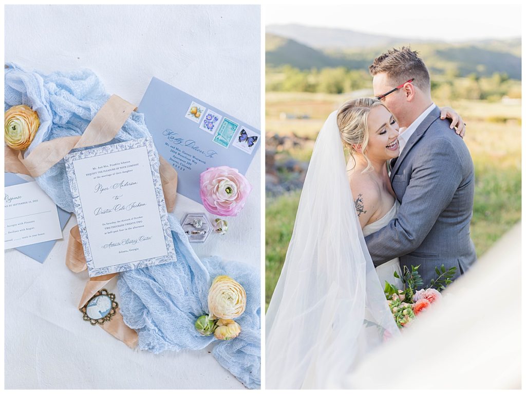 Wedding Stationery Flatlay and bride and groom laughing with the veil wrapped around them